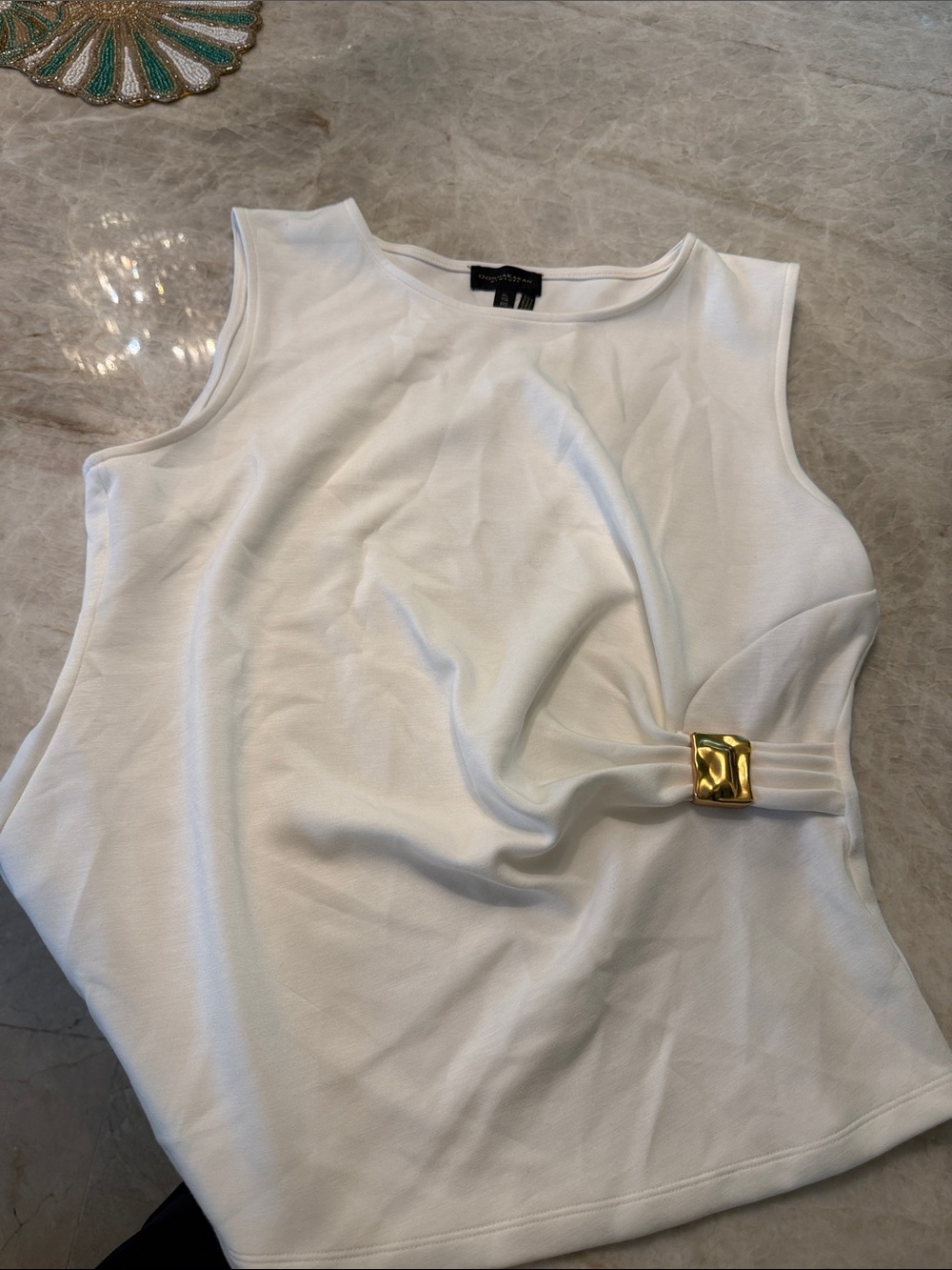 Donna Karan White Sleeveless Tank with Gold Buckle Detail